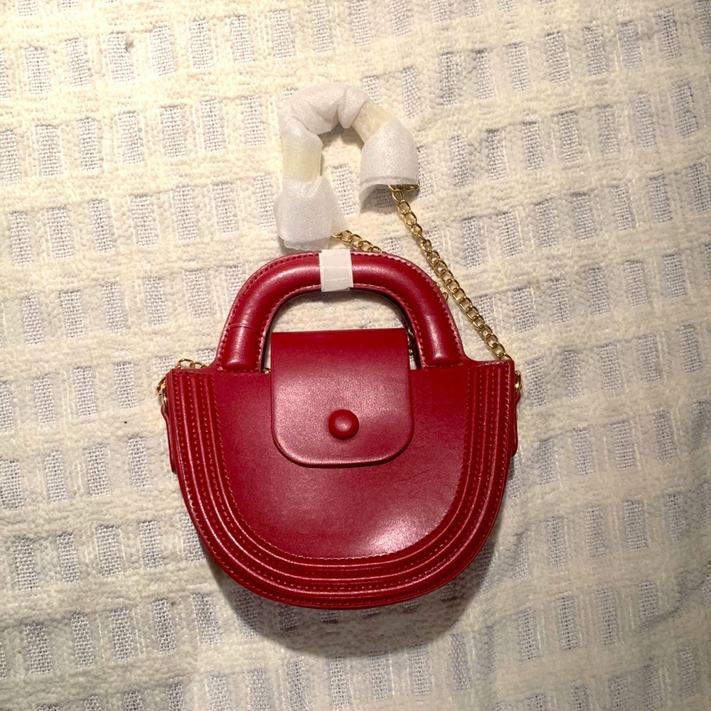 Red with gold chain-link or top handle (chain clips off) Half Moon  mini purse.